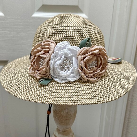 Elegant Women's Tweed Sun Hat With Satin Flowers And Pearls Special Event (NEW) - Picture 2 of 14